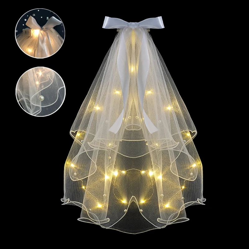 

Luminous Veil Headdress night light Fairy Ribbon Bow Veil with Light Fairy Photograph wedding headpiece accessories