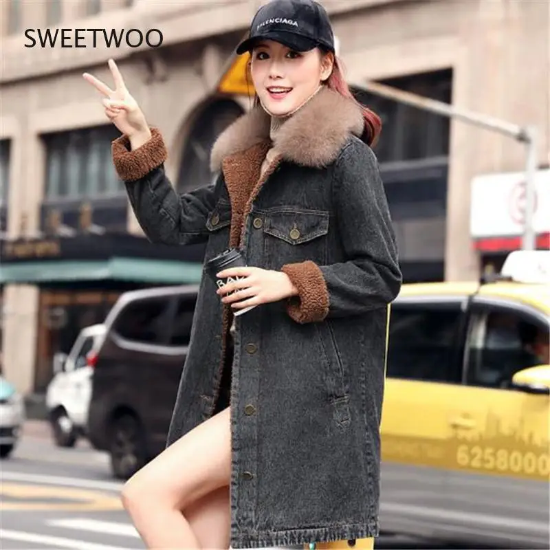 

Winter Women's Fashion Denim Jacket High-Quality Cotton Thick Plus Velvet Thick Mid-Length Lambskin Coat Female Long