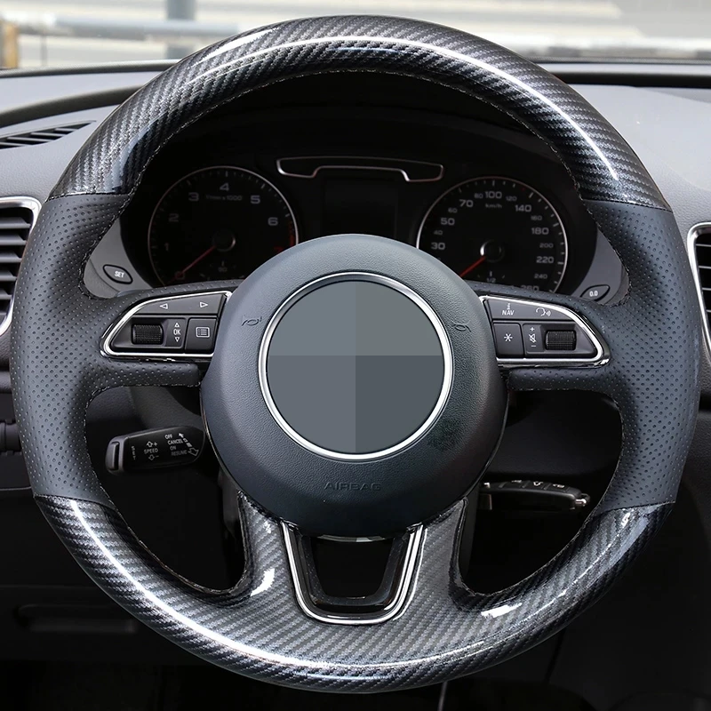 

Car Steering Wheel Cover Non-slip Black Carbon Fiber Genuine Leather For Audi Q3 (8U) Q5 (8R) Q7 (4L) SQ5 (8R) 2013-2017