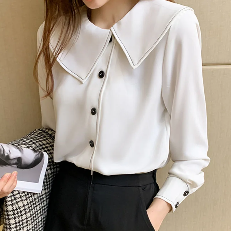

Chiffon Blouse Women 2022 Spring White Long Sleeve Fashion French Style Shirt Blusas Skew Collar Spliced Solid Button Tops 2646