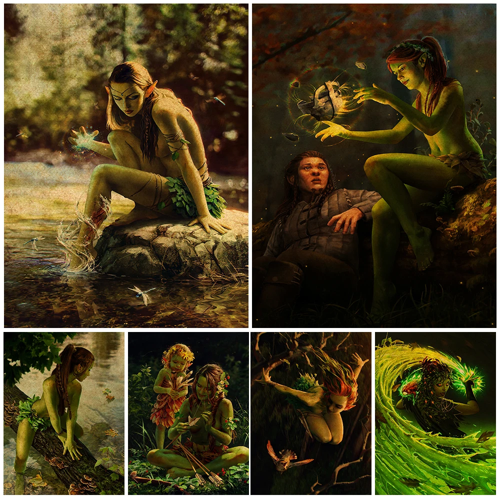 

Elves And Witches In The Forest Wall Art Canvas Prints Green Elf Girl By The Lake Poster And Prints Home Decoration Art Painting