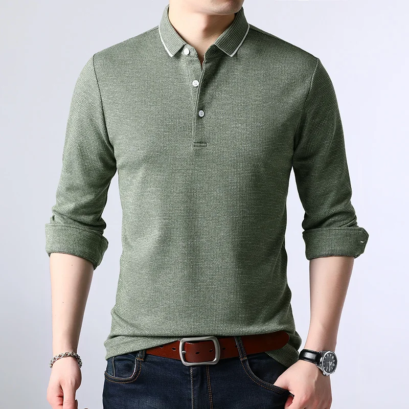 

men lapel long-sleeved t shirt male business solid color tops tees 2021 new autumn and winter clothes zde1534