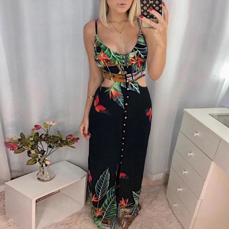 

Sexy Summer Dress Women Single-breasted Sling Print Floral Long Dress Waist Hollow Sheath Floor-Length Lugentolo