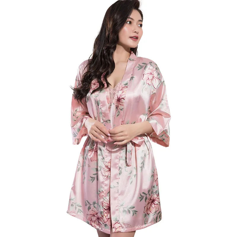 

2PCS Print Robe Set Women Satin Nightwear Intimate Lingerie Black Bathrobe Gown Spring Summer New Sleepwear Sexy Homewear