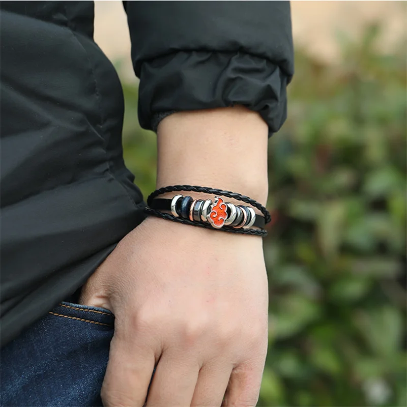 

Anime Jewelry Bracelet Men Women Creative Akatsuki Red Cloud Charms Bracelets Multilayer Leather Braided Wristbands