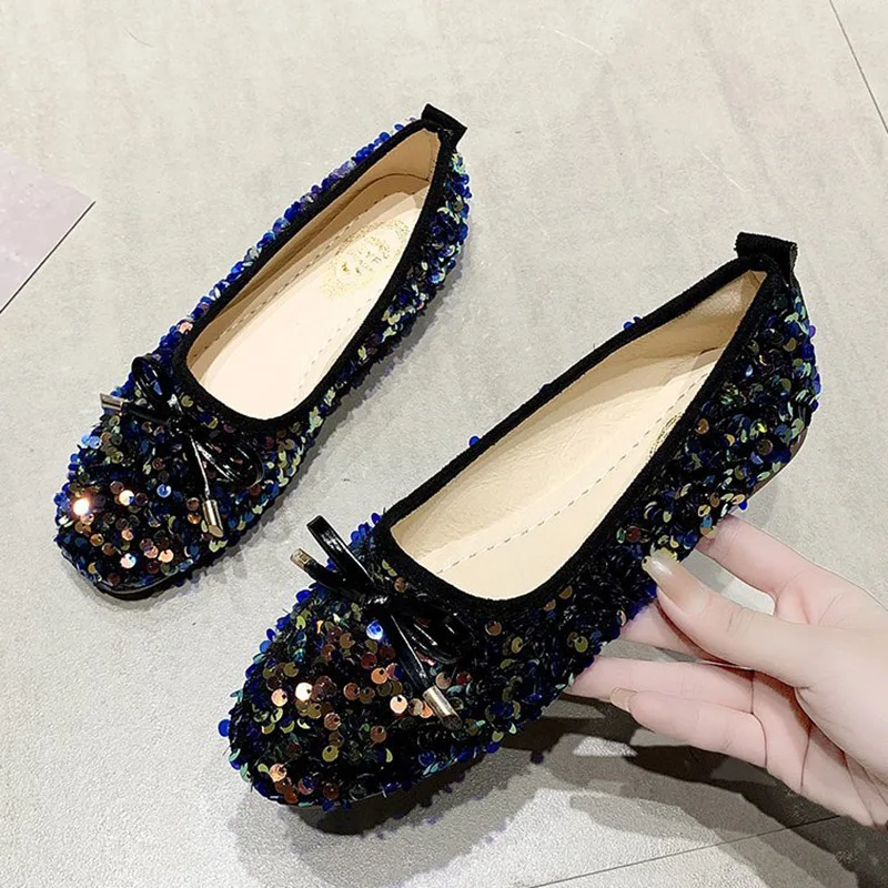 

Туфли женские на плоской подошве, лоферы с бантом, блестящие, без застежки, милая обувь принцессы, черные, весна-осень