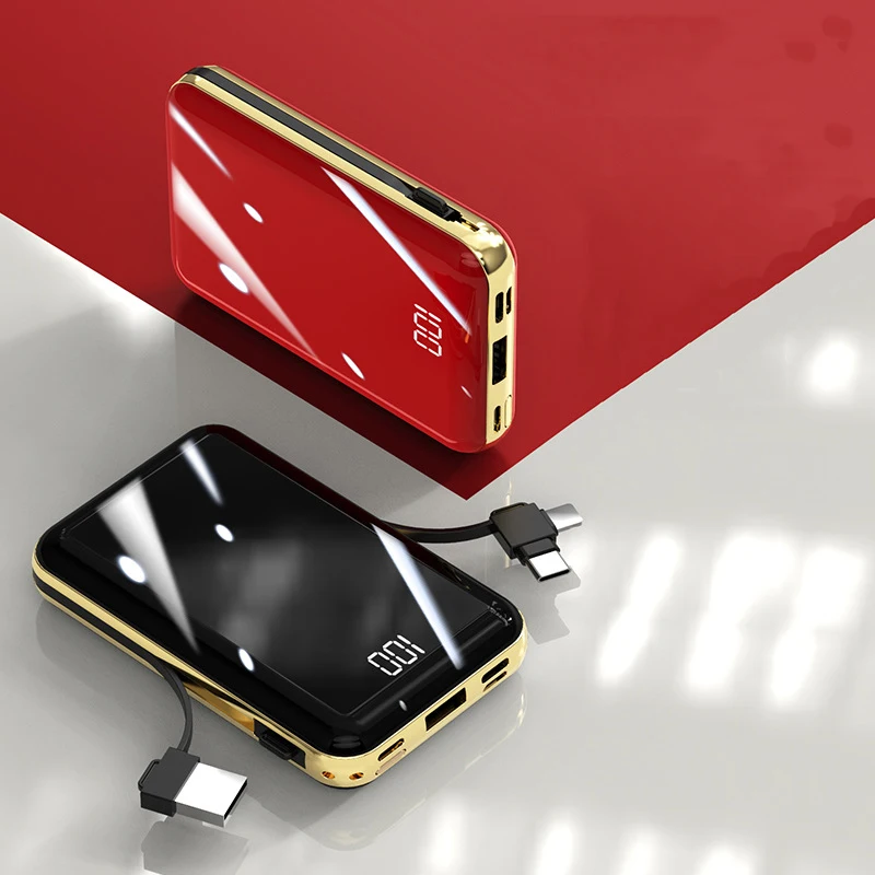 

20000mAh Mini Power Bank Built in Cable Portable Charger Mirror Screen LED Display Powerbank External Battery Pack Power Bank