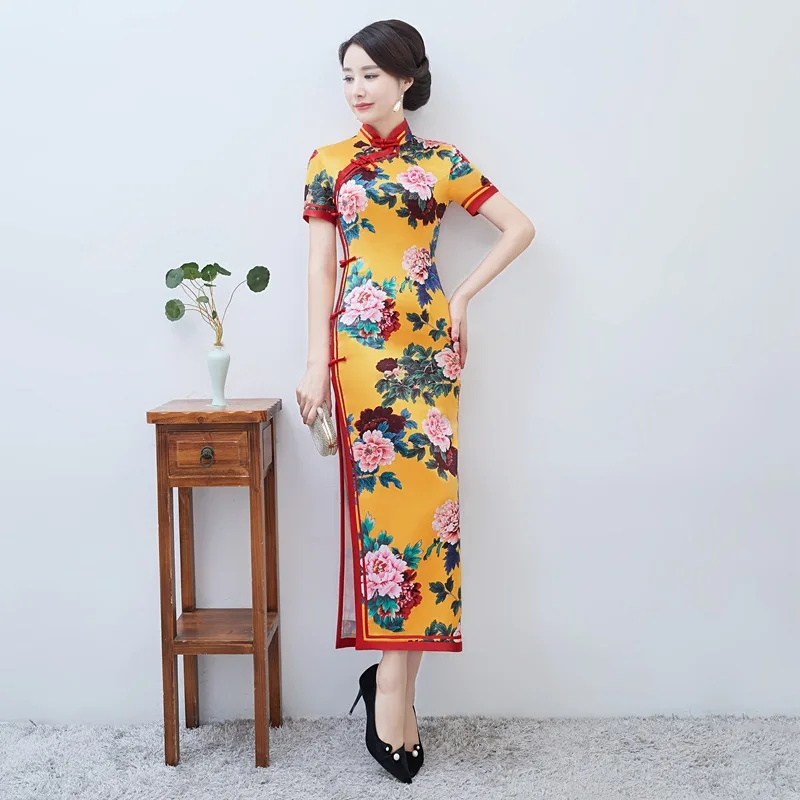 

Yellow Vintage Slim Vestidos Improved Cheongsams Women Long Mandarin Collar Chinese Dress Print Classic Qipao Formal Prom Gown