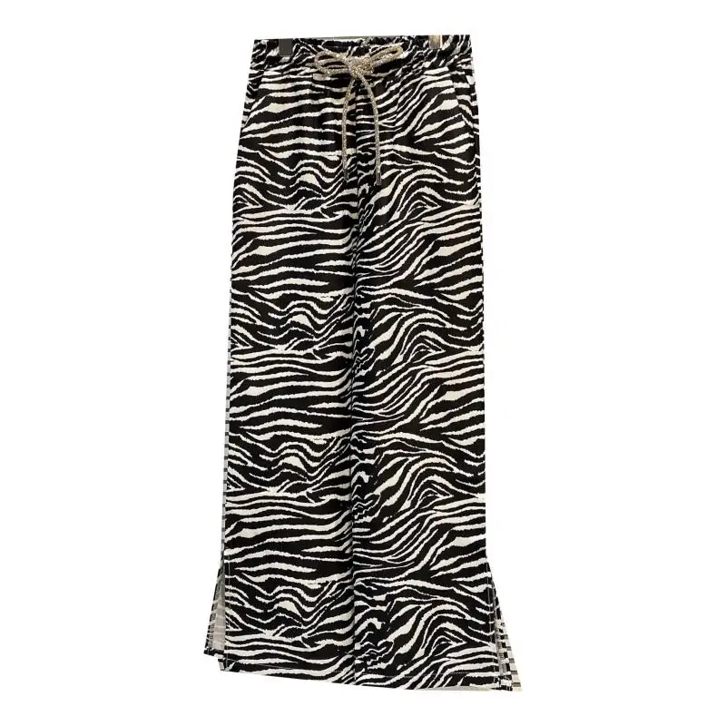 

2021 Summer New Rhinestone Drawstring Women Pants Floral Slit Trousers Loose Wide Leg Pants Female Casual Straight Pants