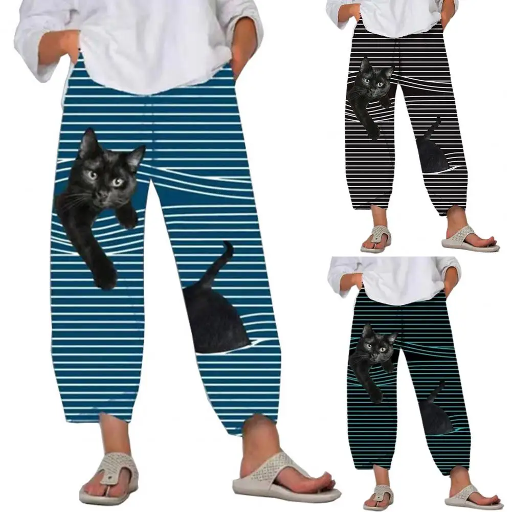 

Pants Cool Mid Waist Women Baggy Casual Stripe Losse Trousers for Holiday High Waist Trousers for Sports Capris Spring Summer