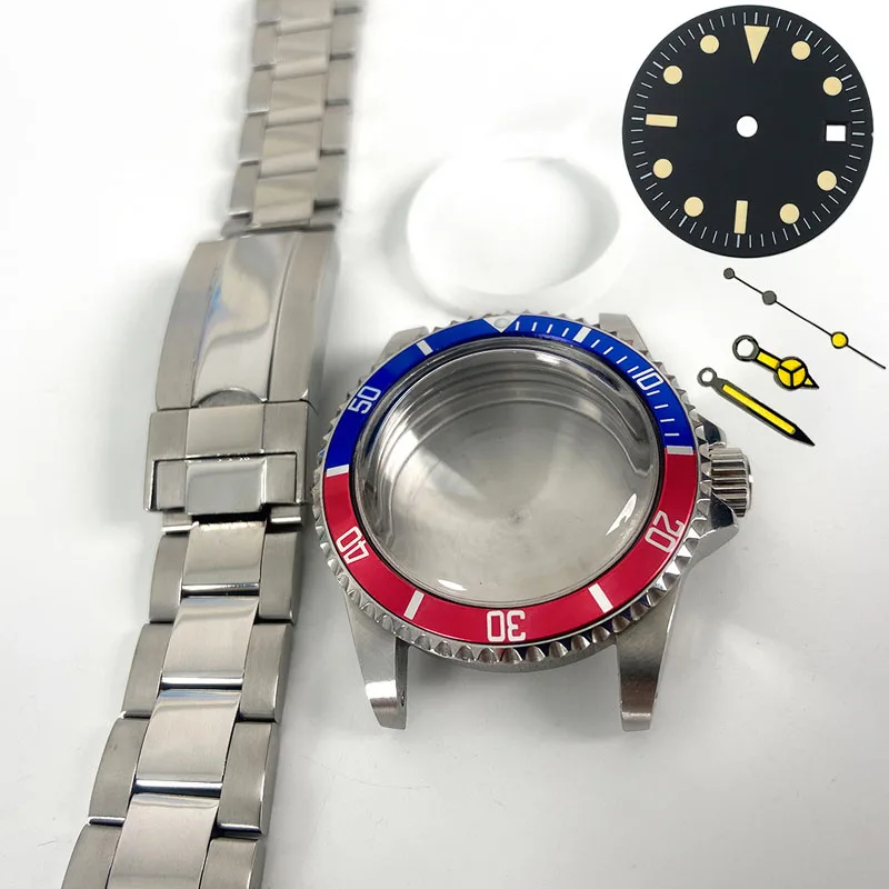 

40mm Case Strap Set Acrylic Glass SUB Blue Red Aluminum Ring 316L Stainless Steel for 2813 8215 2836 8200 Movement