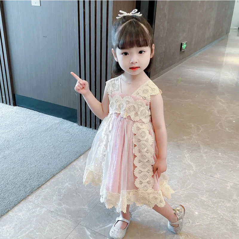 

Girls Dresses Sleeveless Casual Wearing Fashion Sweet Princess Party Dress Kids Child Girl Casual Clothes White Lace Gauze