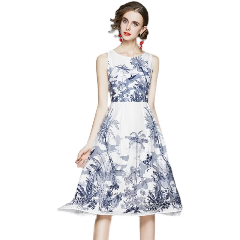 

New Elegant Vintage Women Print Slim Tunic Tank Dress Lady Sleeveless Vest Dresses Party Clothing Summer Sundress