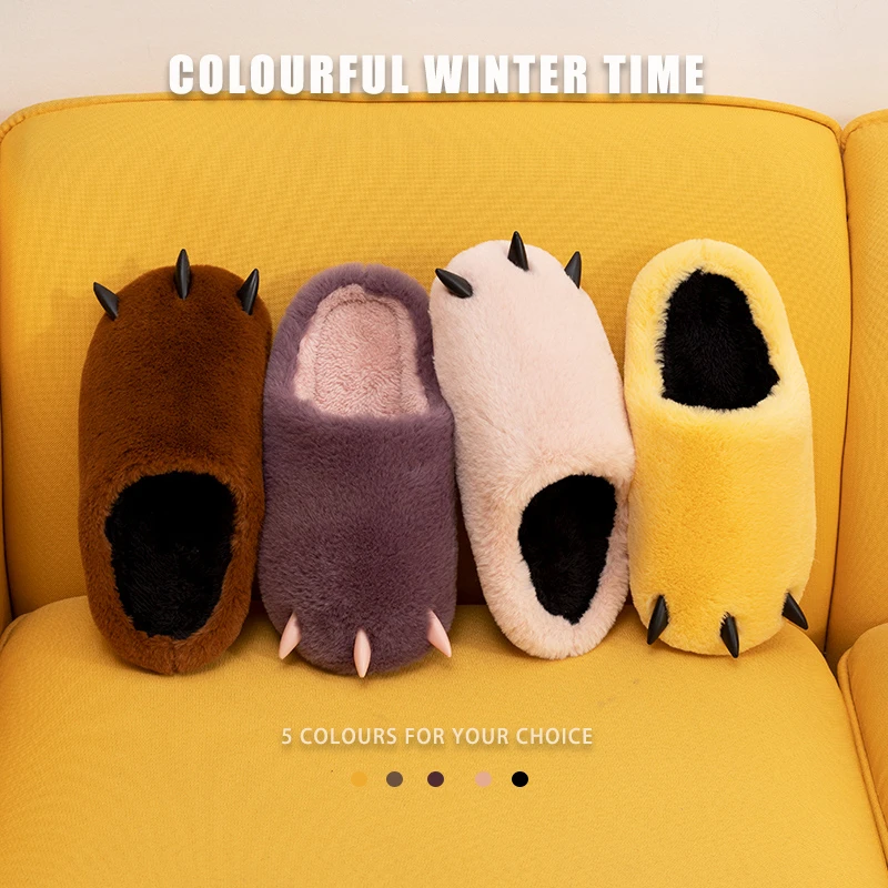 

Home Warm Non-Slip Plush Bear claw Dinosaur Animal Claw Hand-Shaped Brush Cover Heel Men/ Women Couple Cotton Slippers Winter
