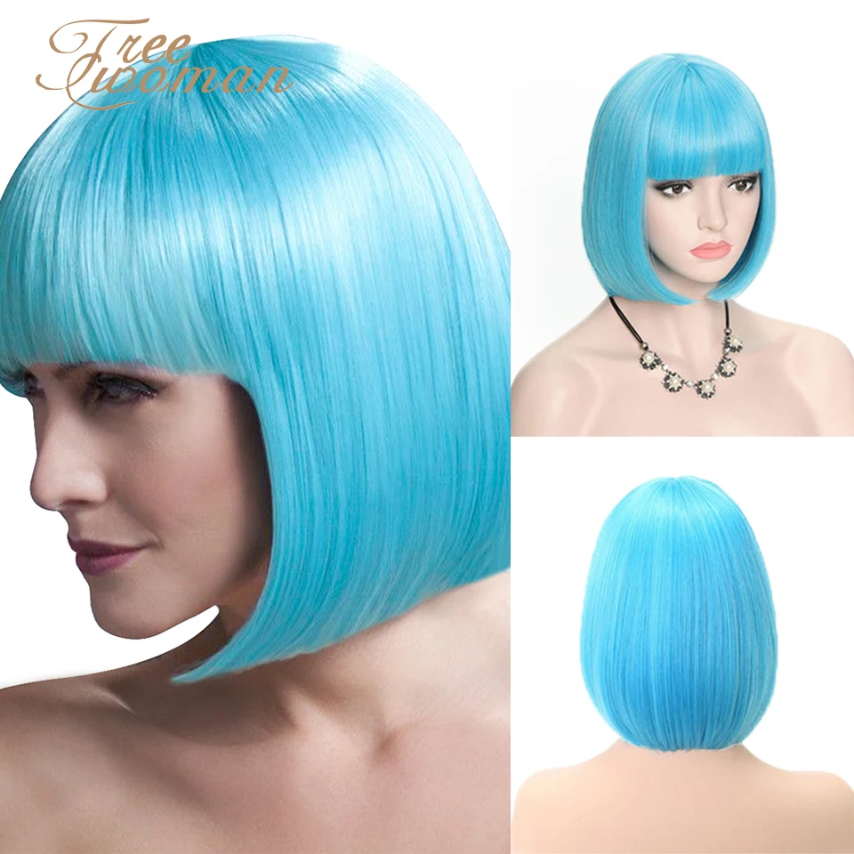 Парики для женщин FREEWOMAN синий синтетический парик короткий с челкой накладные