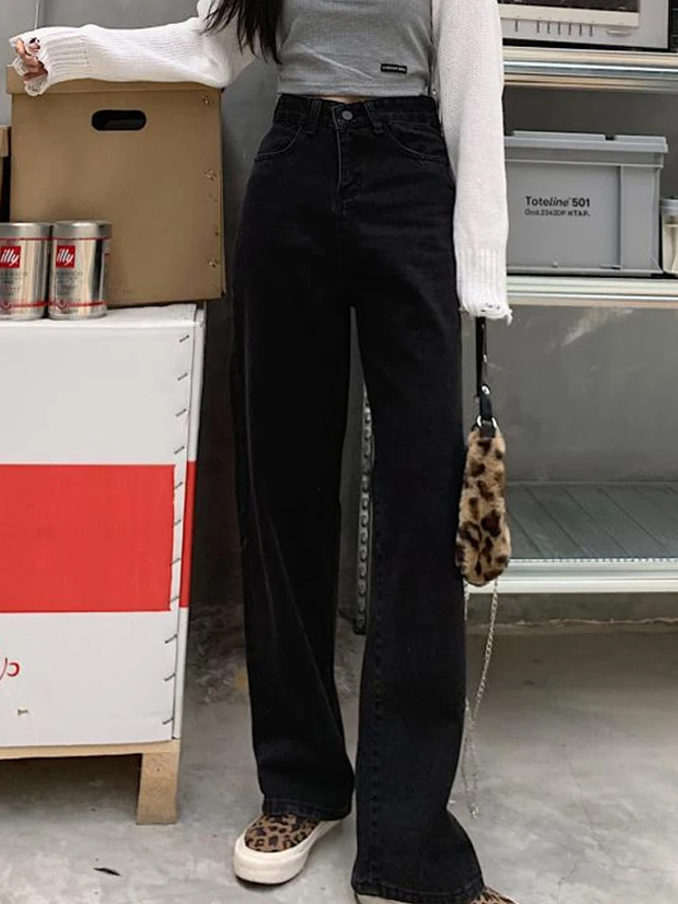 

Spring Fall New Black High Waist Jeans For Women Streetwear Hot Girl Straight Loose Simple Harajuku Style Wide Leg Denim Pants