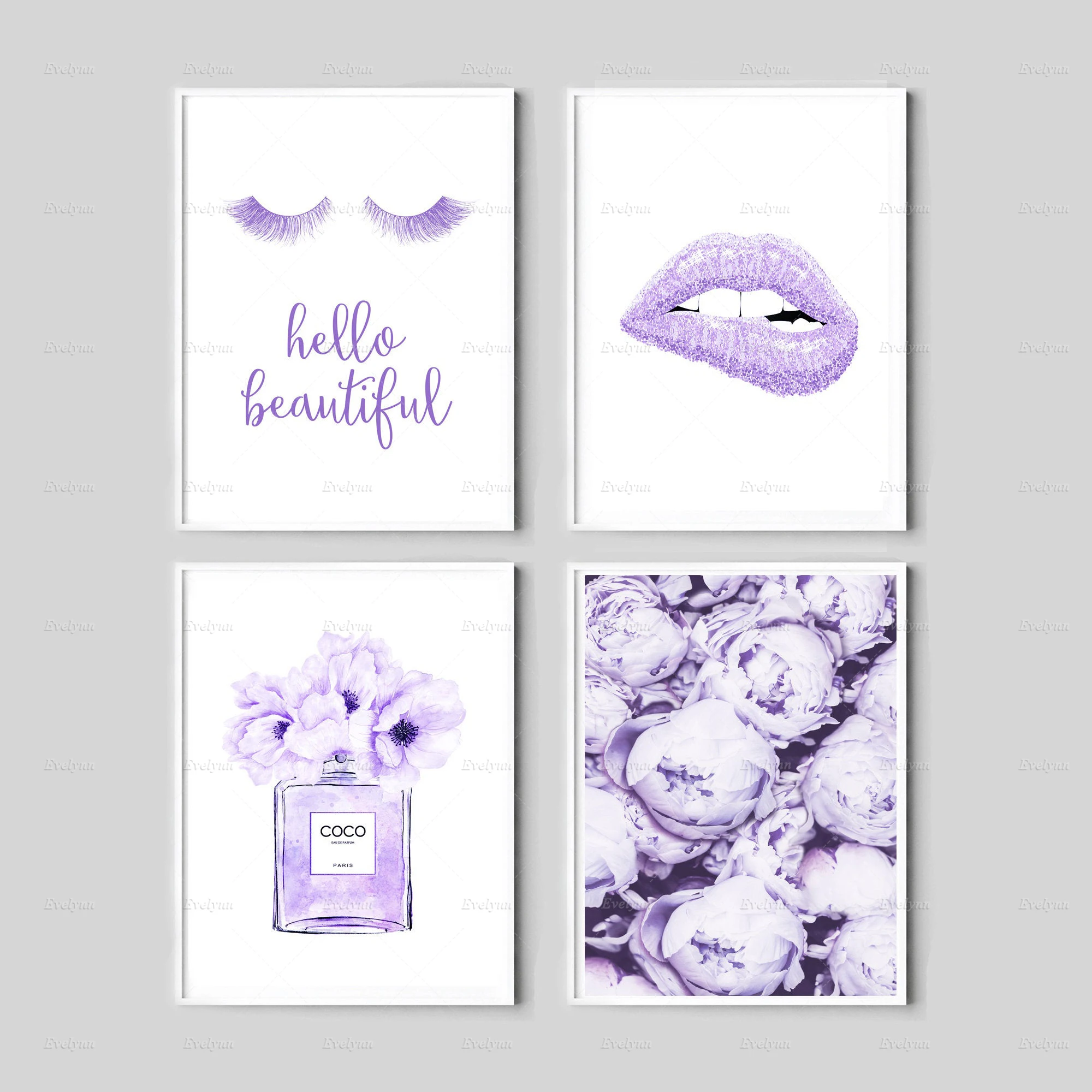

Purple Fashion Wall Art Posters, Lavender Peonies Prints,Perfume Print,Coco Paris Parfum,Purple Lips Eyelashes Canvas Painting