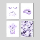 Фиолетовые модные настенные художественные плакаты, принты лаванды, пиона, парфюмерный принт, парфюм Коко Парижа, фиолетовые губы, ресницы, холщовая картина
