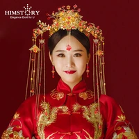 himstory vintage red phoenix crown hair decoration handmade tassel hair clip earring women hair jewelry bride chinese style