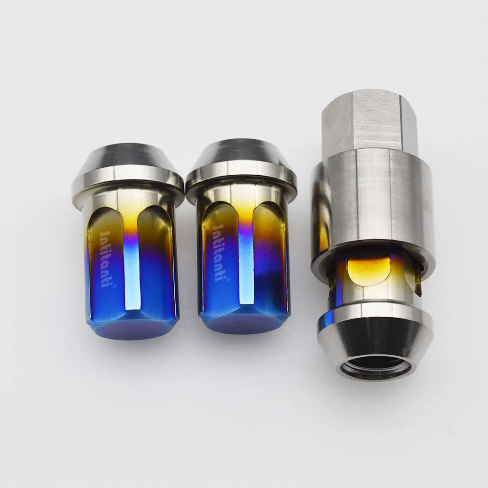 

High performance strong burnt blue color 60 degree cone seat closed end anti-theft Gr.5 titanium alloy lug nut M12*1.5*35mm