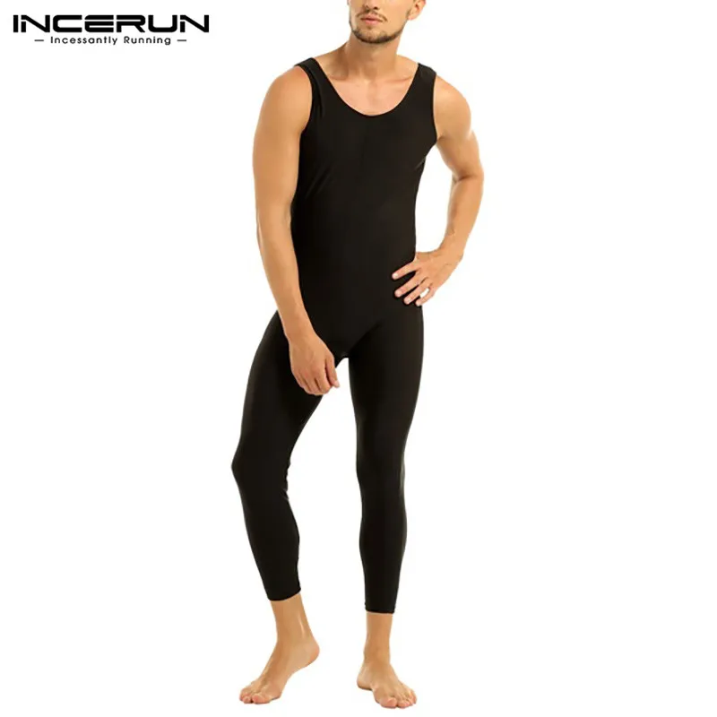 

INCERUN Mens Solid Jumpsuit Sleepwear Sleeveless Round Neck Onesies Homewear Fitness Sexy Nightgown Man Rompers Sleepwear S-5XL