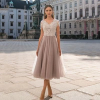 classic tea length a line evening dress short sleeves v neck lace applique top tulle cocktail party gowns prom dresses