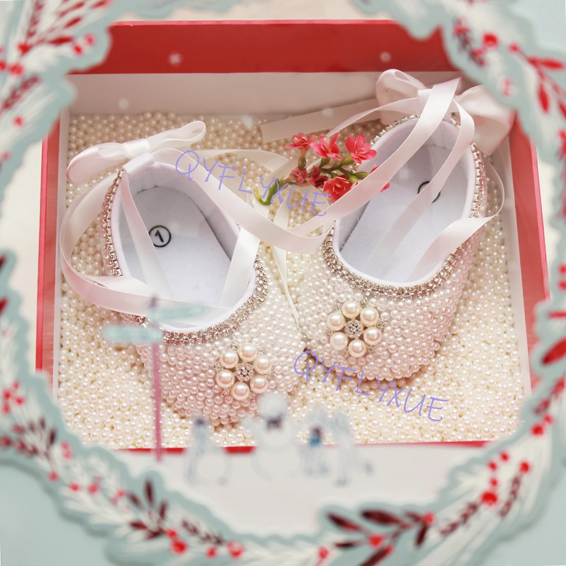 

QYFLYXUE Handmade Pearl Diamond Baby Newborn princess shoes daytime prom Shoe Hand-drilled soft sole