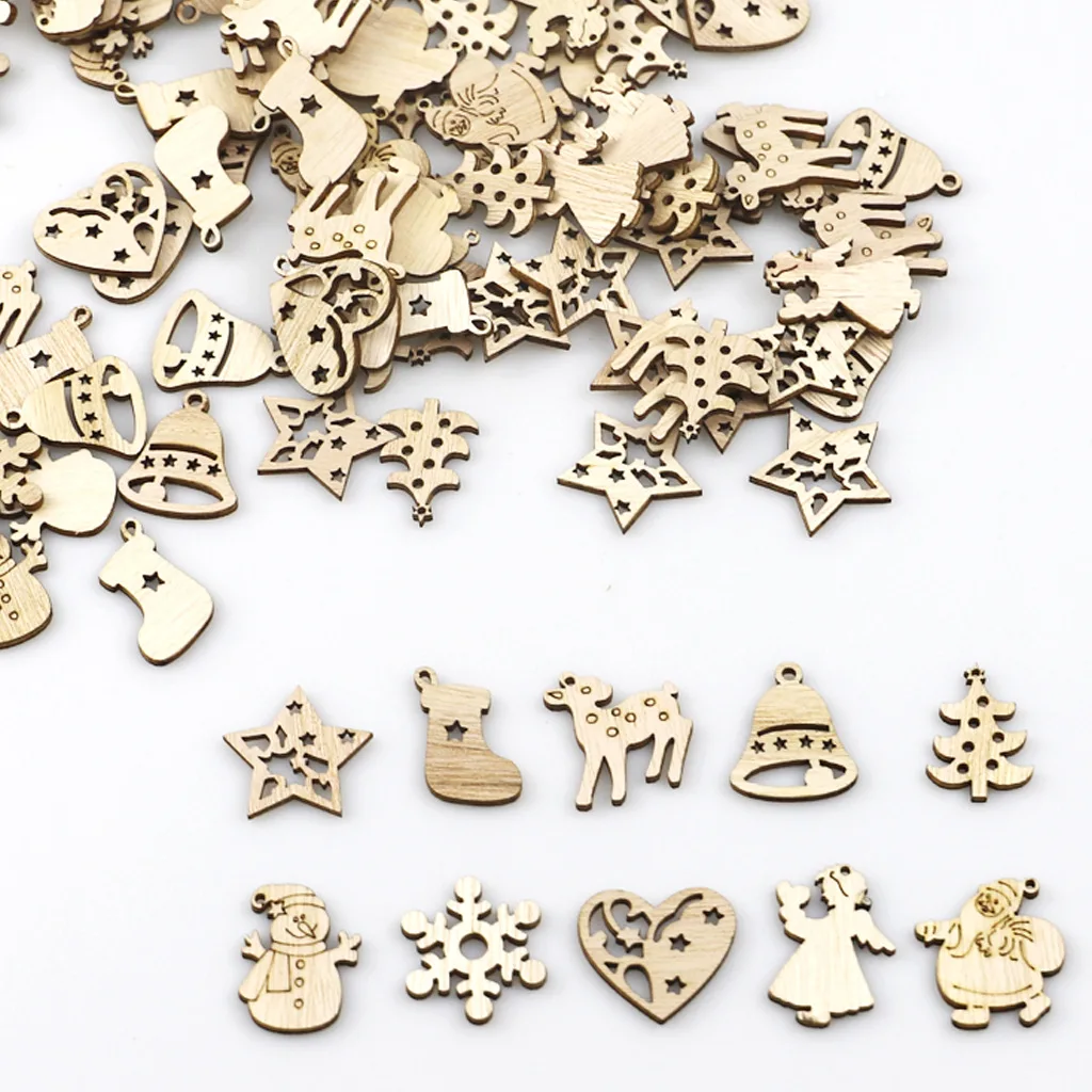 

50PCS Unfinished Wood Christmas Ornaments Mini Size Snowflakes, Bell, Deer, Trojan Horse, Christmas Tree Shaped Embellishments