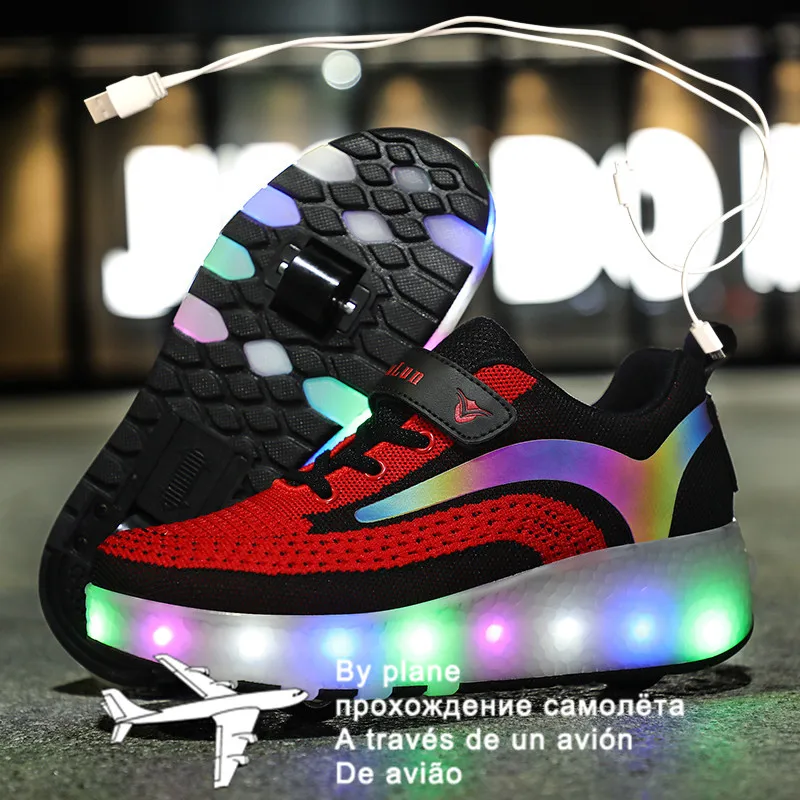 

USB Charging Black Two Wheels Luminous Sneakers Led Light Roller Skate Shoes for Children Kids Led Shoes Boys Girls Shoes 27-40
