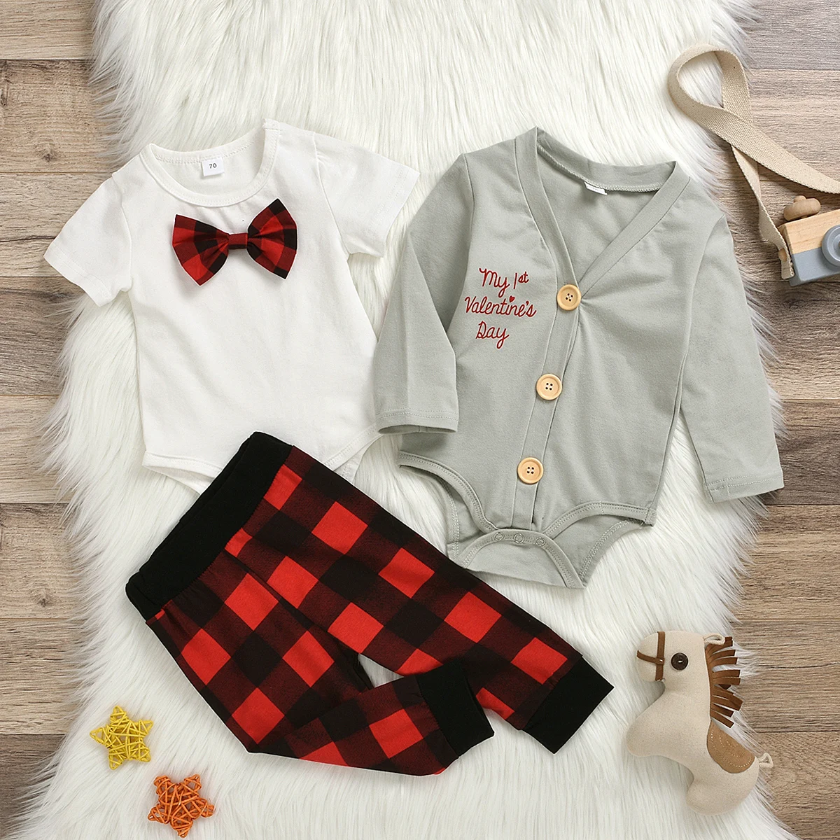 3pcs Boy Clothes Set Valentine Baby Clothing Infant Jumpsuits Gentleman Outfit Sets Bow Tie Shirt+Coat+plaid pant Spring |