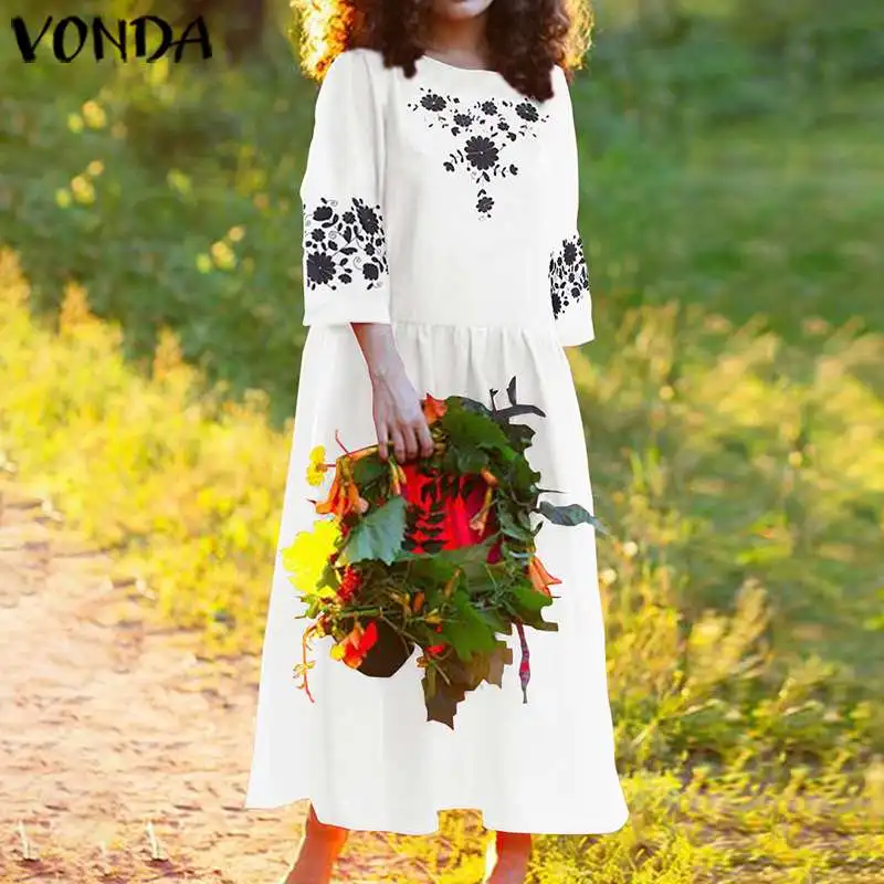 VONDA, праздничное платье, сарафан, женское повседневное свободное винтажное платье с рукавом 3/4 и цветочным принтом, богемное летнее платье размера плюс