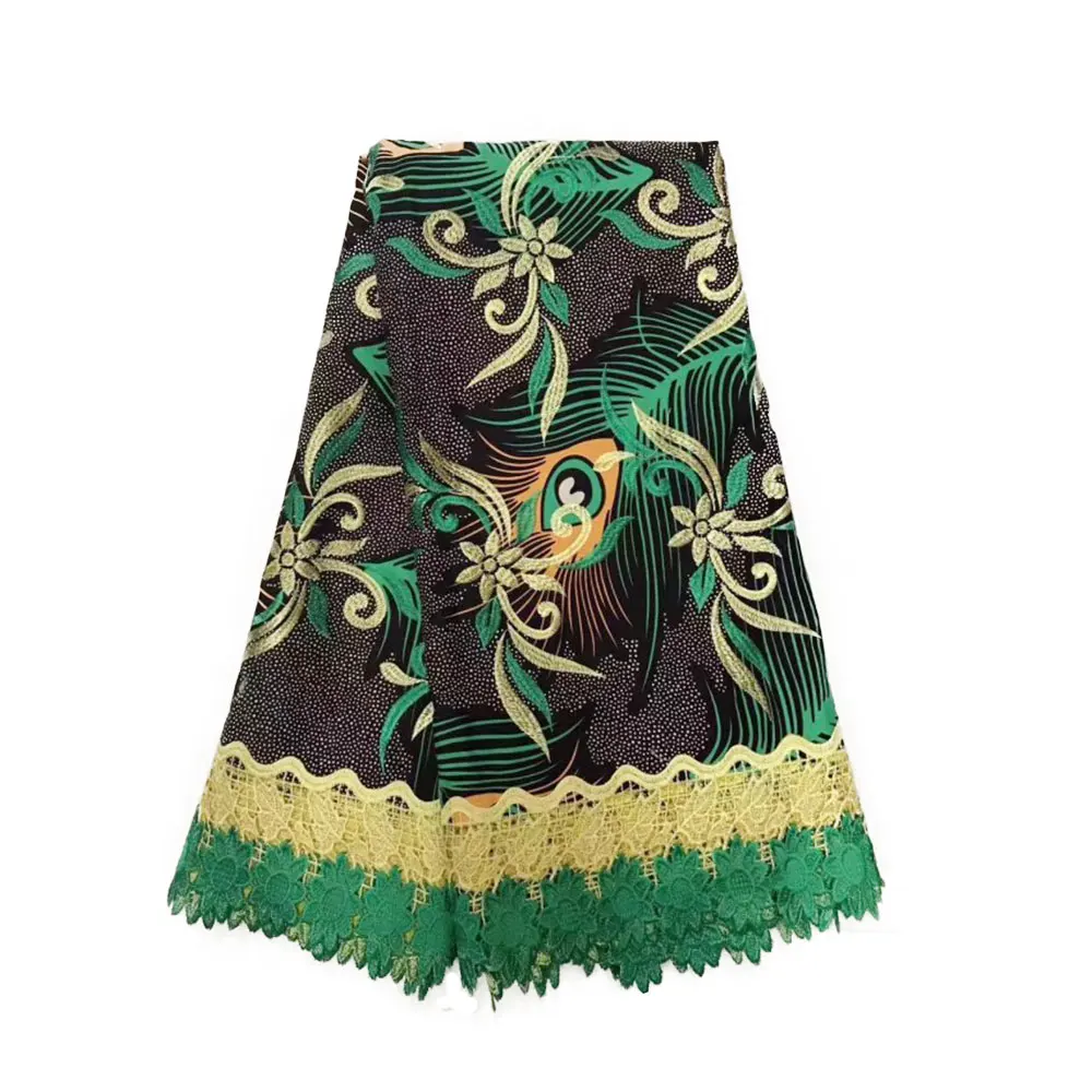 Зеленая вышивка Анкара кружева хлопок Африканский нигерийский воск с веревочное