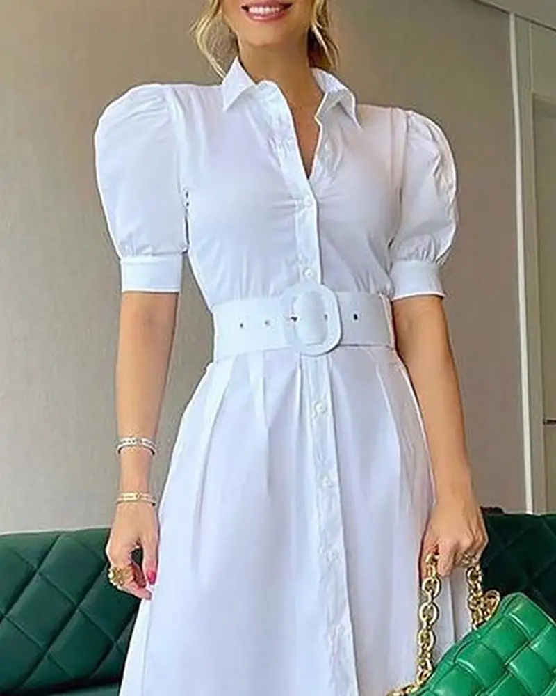 

2021 Women Summer Shirt Dress Short Sleeve White Maxi Long Dress Femme Robe Slim Chic Elegant Dresses For Women