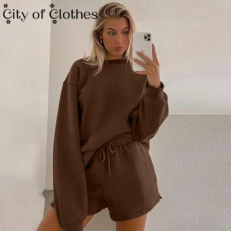 

Solid Basic Women Two Piece Drawstring Shorts Set Casual Long Sleeve Vintage Outfit 2021 Summer Autumn Female 2 Piece Sets Suit