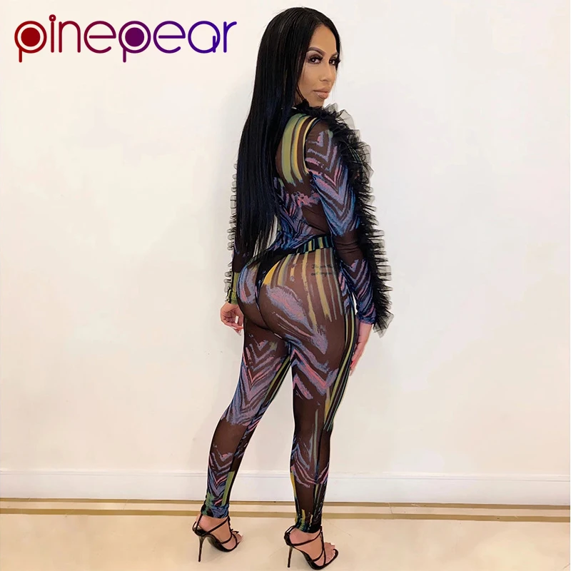 PinePear модный с оборками яркий принт сетчатый комбинезон женский прозрачный