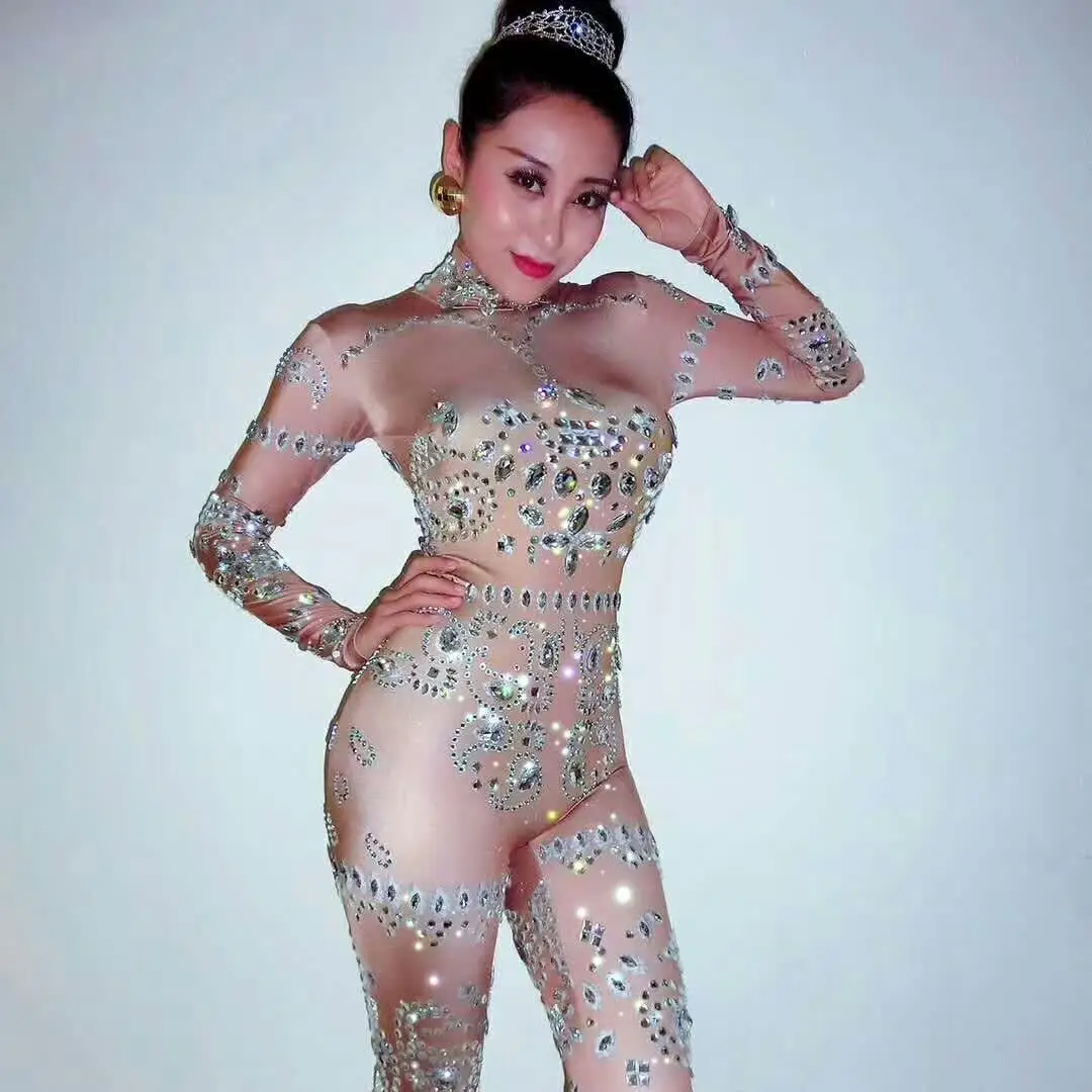Sparkly Rhinestones 3D Printed Sexy Nude Dance Diamonds Female Singer Bodysuit Nightclub Women's Birthday Party Show Costumes DJ