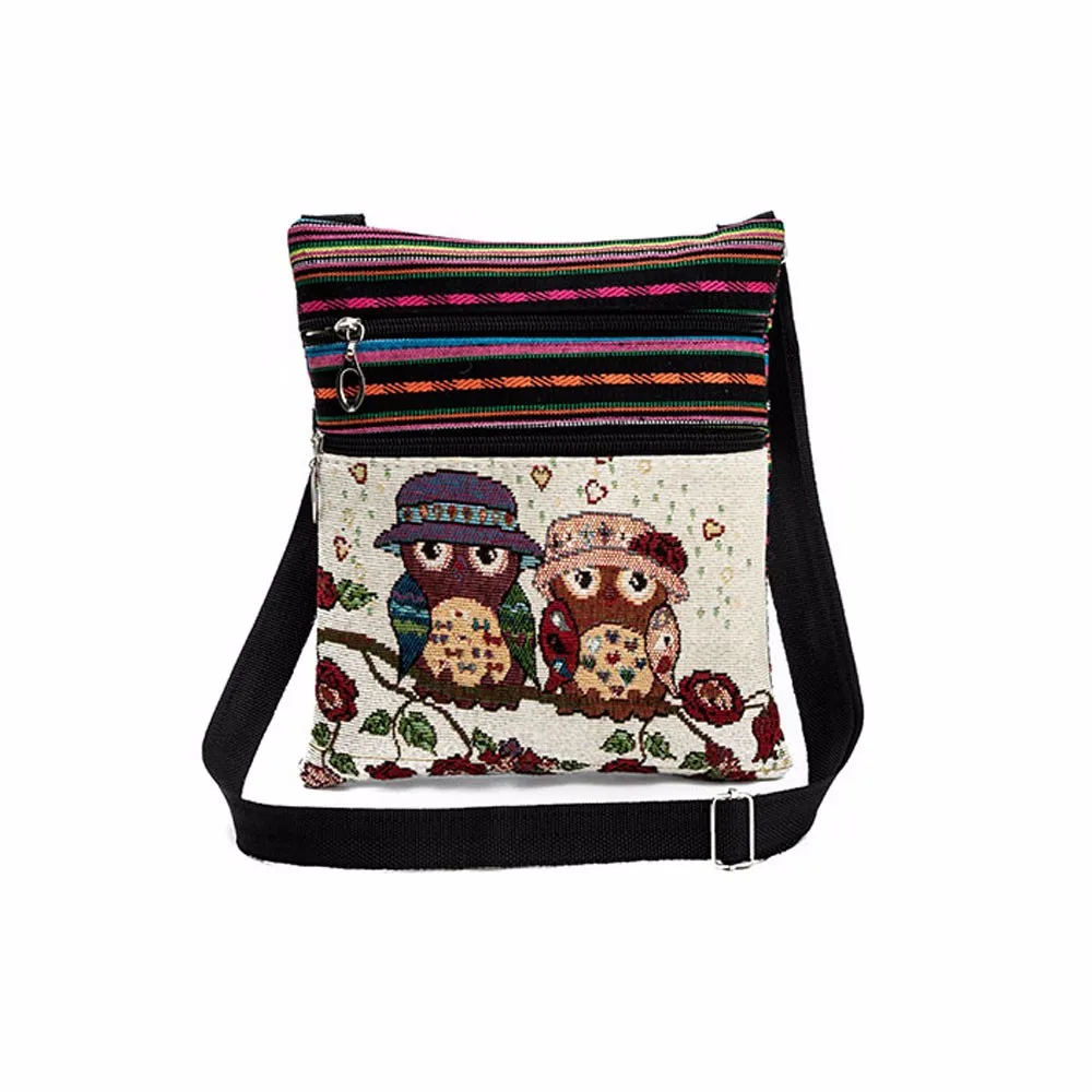 Canvas Crossbody Bag for Women Vintage Double Zipper Owl Printed Shoulder Female Small Messenger Ethnic Style1# | Багаж и сумки