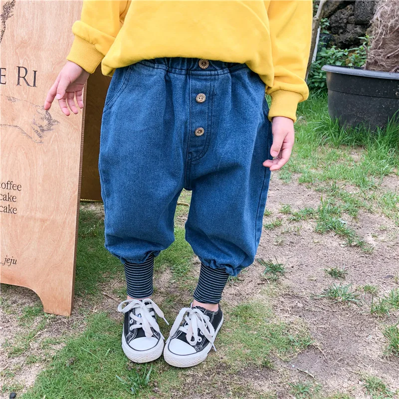 Осень 2019 г. детские брюки с тремя пуговицами для мальчиков и девочек джинсы