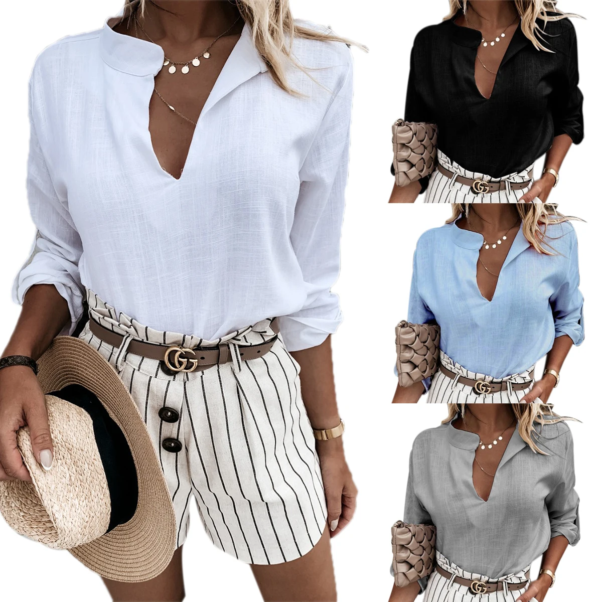 

Women Long Sleeve V-neck Shirt Fashion Solid Color Blouse Daily Wear