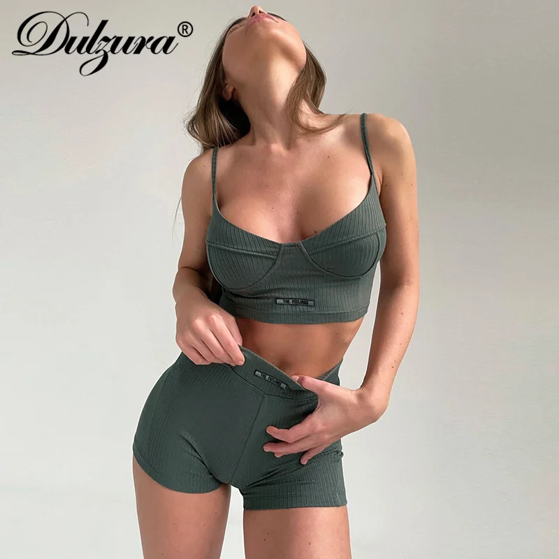 

Dulzura Letter Embroidery Women Striped 2 Piece Strap Crop Top Biker Shorts Set Bodycon Sexy Tracksuit 2021 Summer Tracksuit