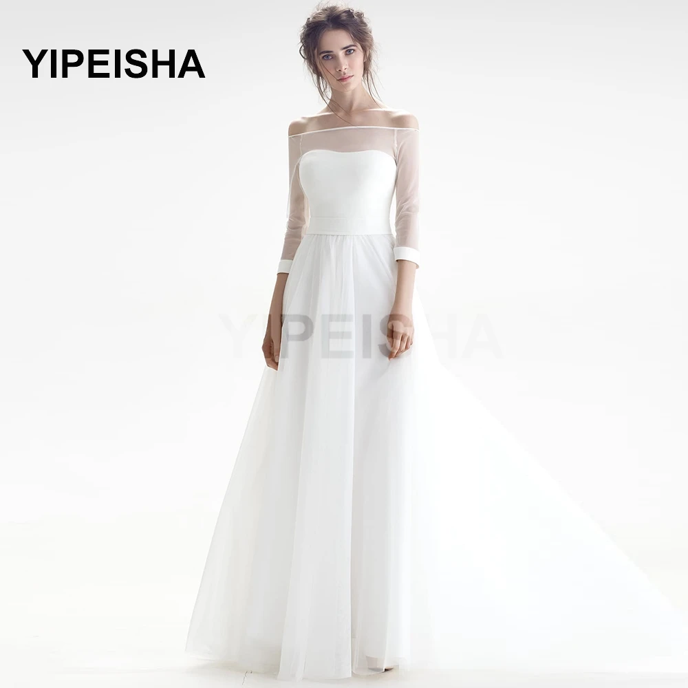 

2021 New Simple Boat Neck Evening Dress Three Quarter See-Through Tulle A-Line Floor Length Prom Party Gown robes de soirée