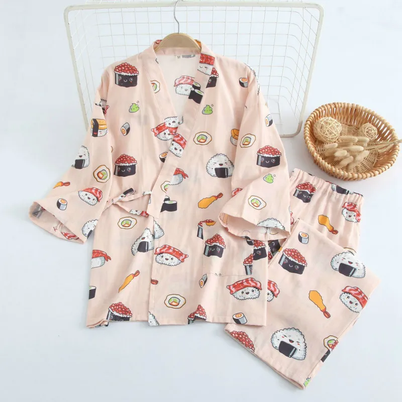 

2020 Ladies New Japanese Kimono Traditional Pajama Set Cartoon Print Yukata Spring Autumn Cotton Double Gauze Home Bathing Suit