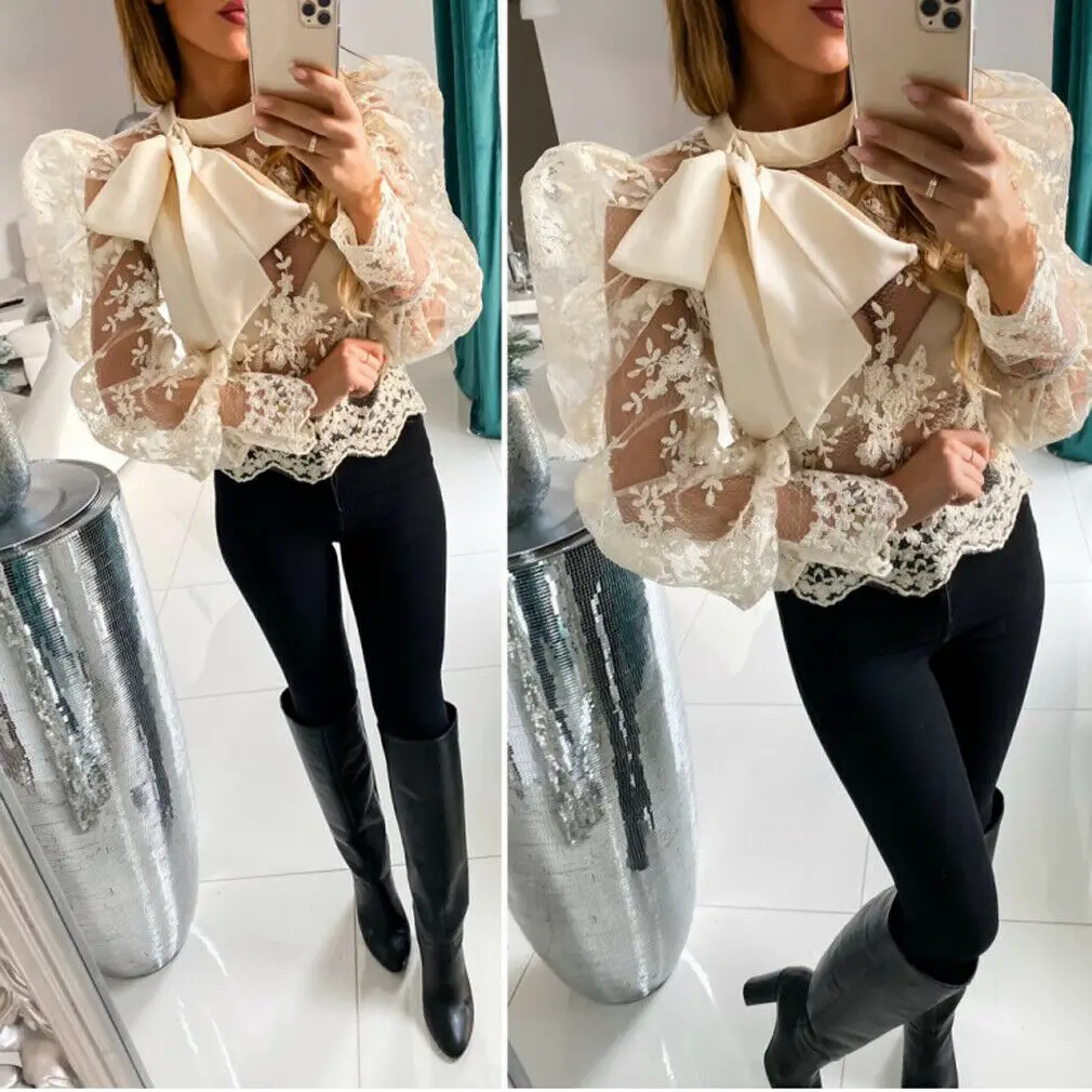 

Fashion Women Long Puff Sleeve Blouse Hot Party Dresssuit Lace T-Shirts Splicing Mesh Sheer Down Tops Partysuit Size S-XL