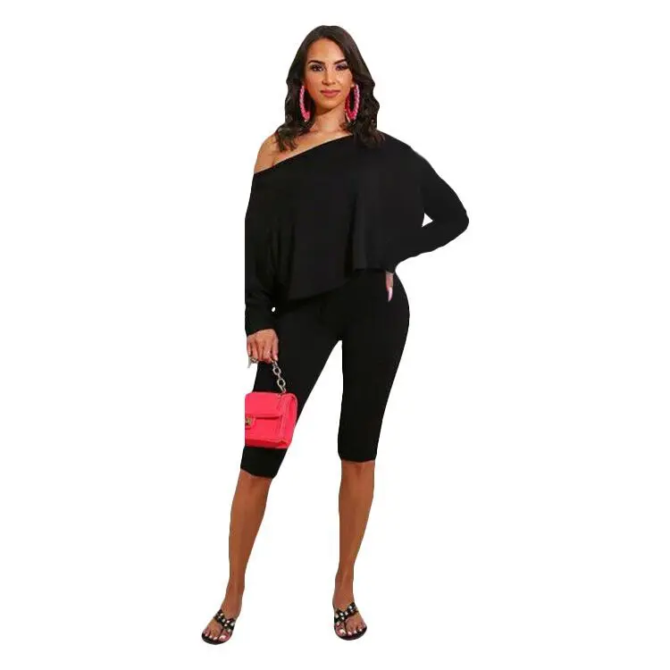 

Женский спортивный костюм, однотонный Модный повседневный комплект из двух предметов с диагональными плечами, пуловер из смешанного хлопк...