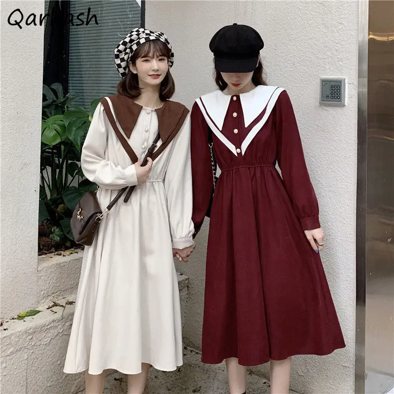 

Dresses Women Preppy Style A-line Dress Kawaii Peter Pan Collar Girls Sweet Leisure Trendy Chic Korean Style Streetwear Preppy