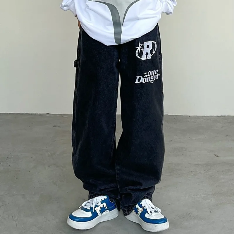

American Retro Letter Printed Jeans Men's Fashion Loose Straight Wide Leg Pants High Street Casual Trousers Punk Baggy Pants