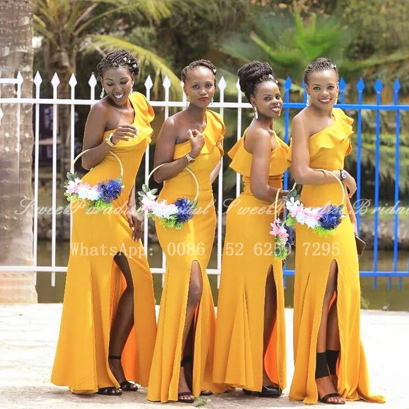 

Mermaid Ruffles One Shoulder Bridesmaid Dresses With Side Split Gold Yellow African Women Long Wedding Party Dress Maid Of Honor