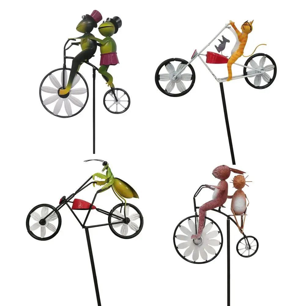 Vintage Bicycle Metal Wind Spinner Animal Bike Spinner Windmill Metal Stake Frog Riding Motorcycle For Home Garden Decor H 25CM
