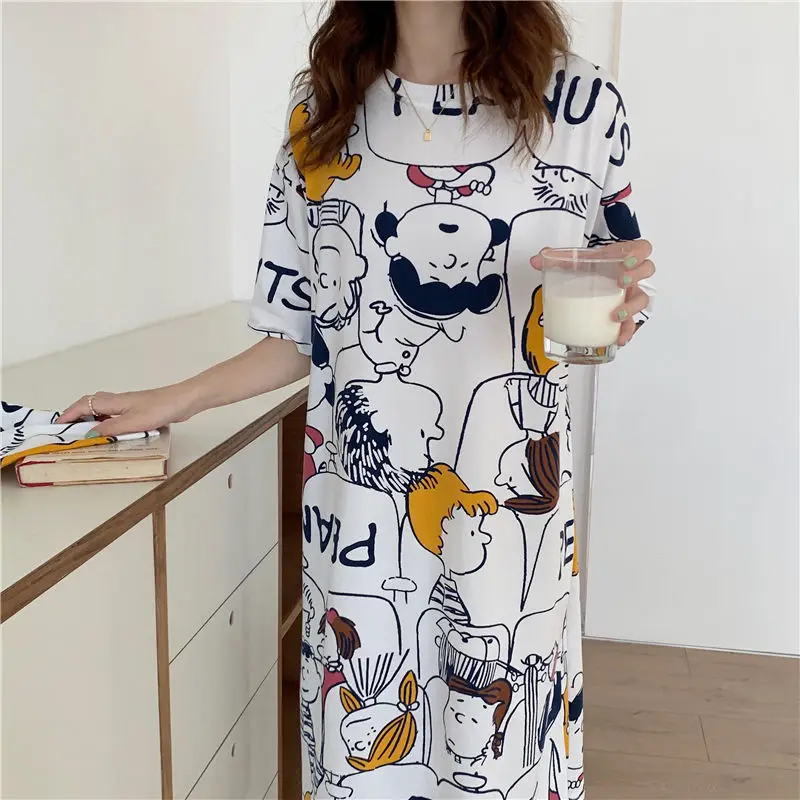 Summer Nightdress Women's Net Red Hot Home Clothes Thin Short Sleeve Pajamas Big Size Loose Cartoon Pregnant Women