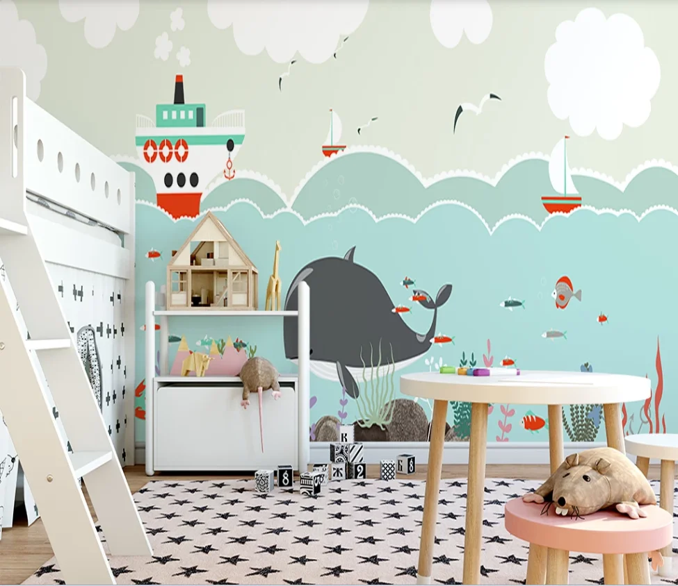 XUE SU Custom wallpaper mural hand-painted cartoon whale sailing underwater world children's room background wall | Обустройство
